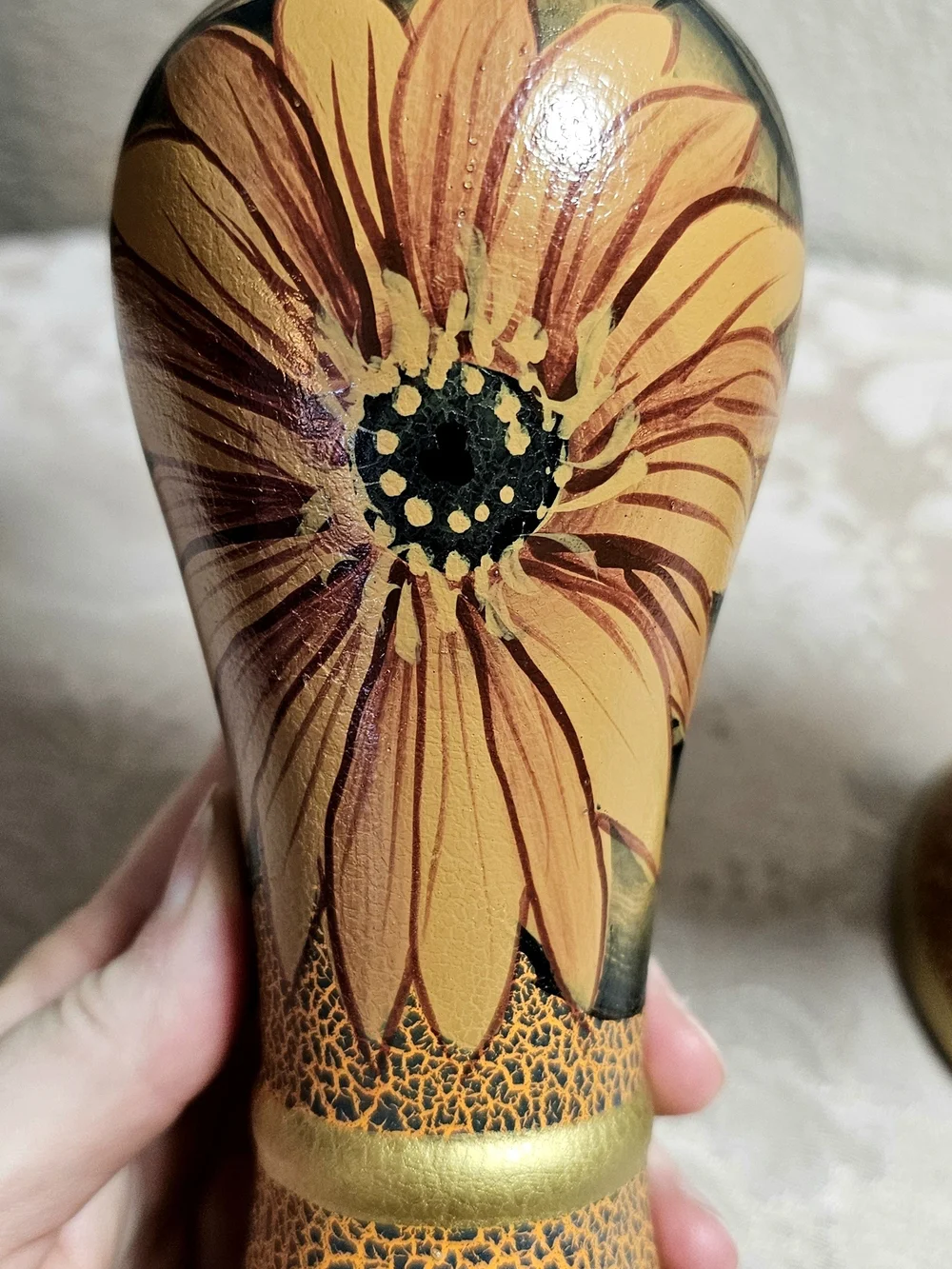 Boho Ceramic Candlestick Holders Hand Painted Sunflower Motif Crackle Glaze Gold